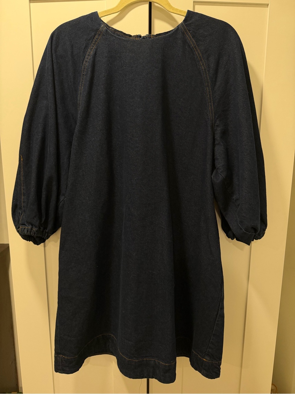 Topshop denim mini shift dress with balloon sleeves in raw look indigo